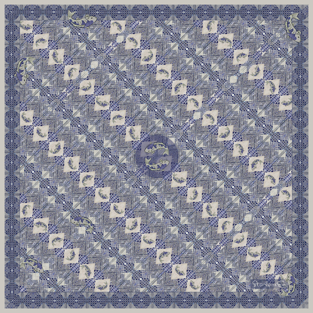 St Agnes Eve Tokyo Shibori Blue square BEIGE BORDER LR
