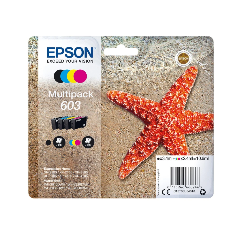 Epson 603 Multipack Printer Ink Original BK/C/M/Y (C13T03U64010) by Ink Cartridges Ireland