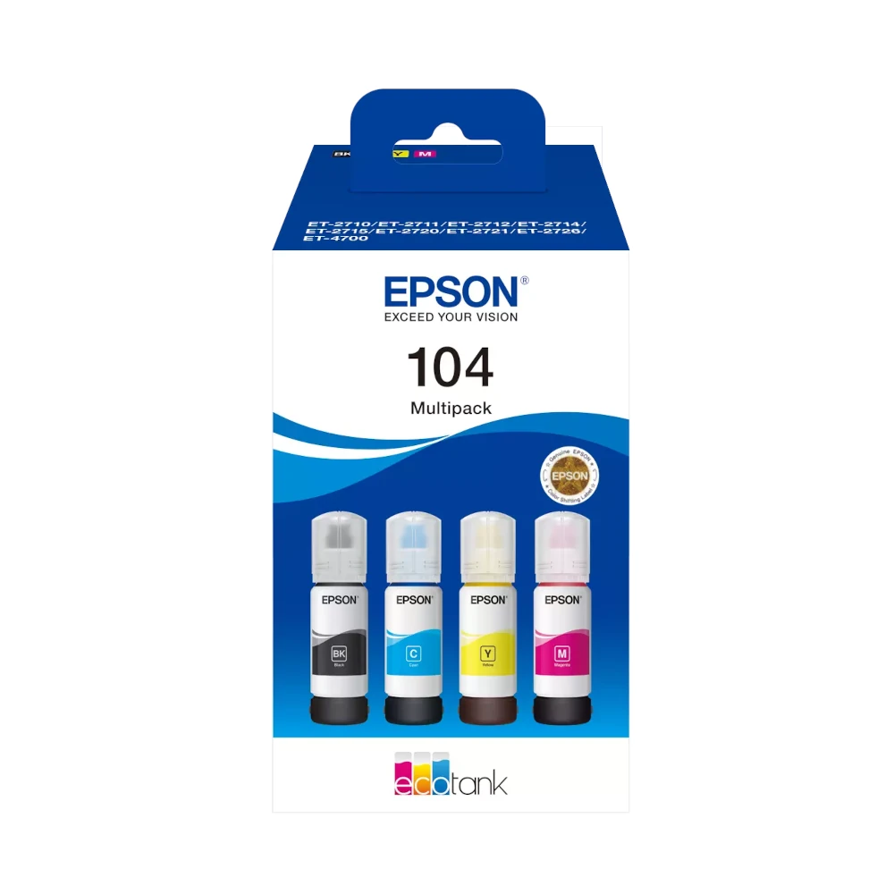 Epson 104 EcoTank BK/C/M/Y Multipack Original Printer Ink (C13T00P640) by Ink Cartridges Ireland